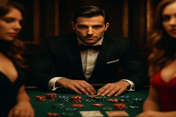 একজন নারী একটি ল্যাপটপে অনলাইন গেম উপভোগ করছেন, চারদিকে জ্বলে ওঠা আলোকসজ্জা দ্বারা ক্যাসিনোর পরিবেশ স্পষ্টভাবে ফুটে উঠেছে